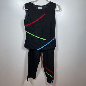 VTG Studio Casual Matching Set Women Size 10 Black and Neon Print Sleeveless Top